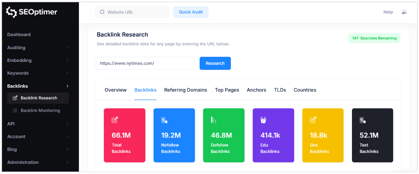 SEOptimer backlink research tool